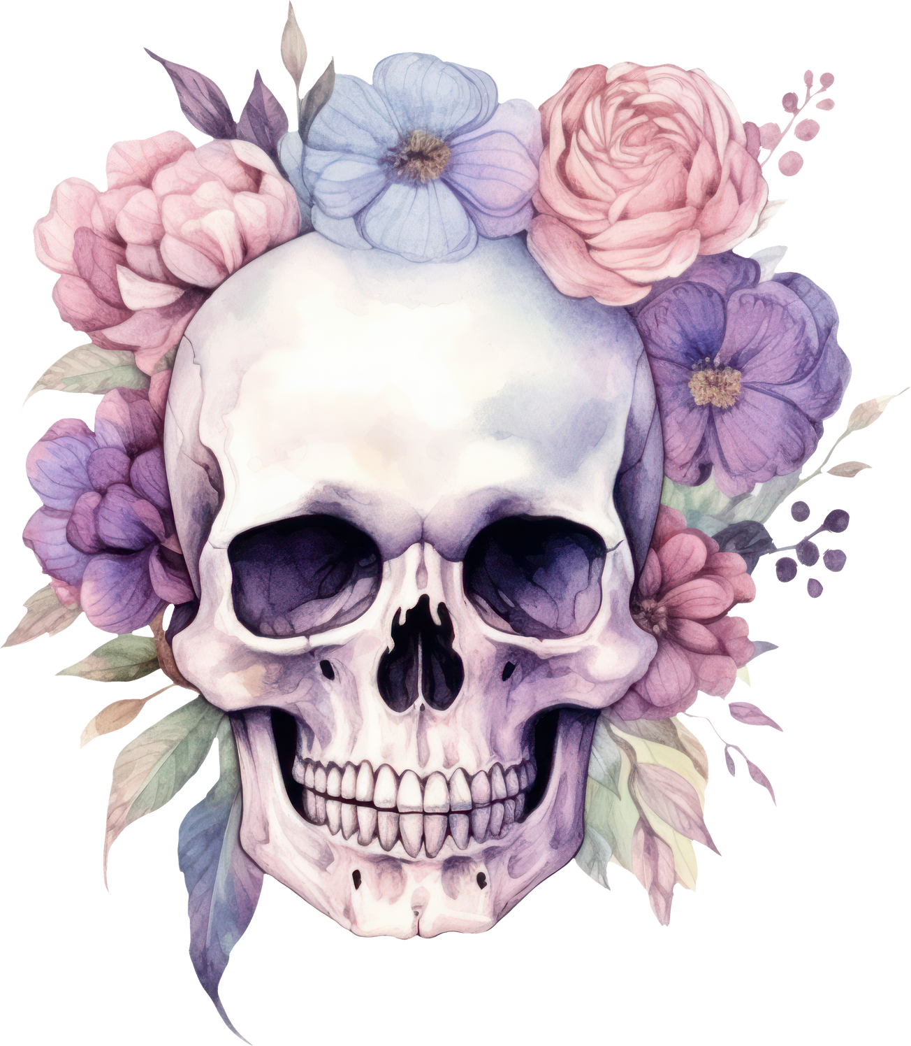 Skull and Flowers Watercolor Illustration