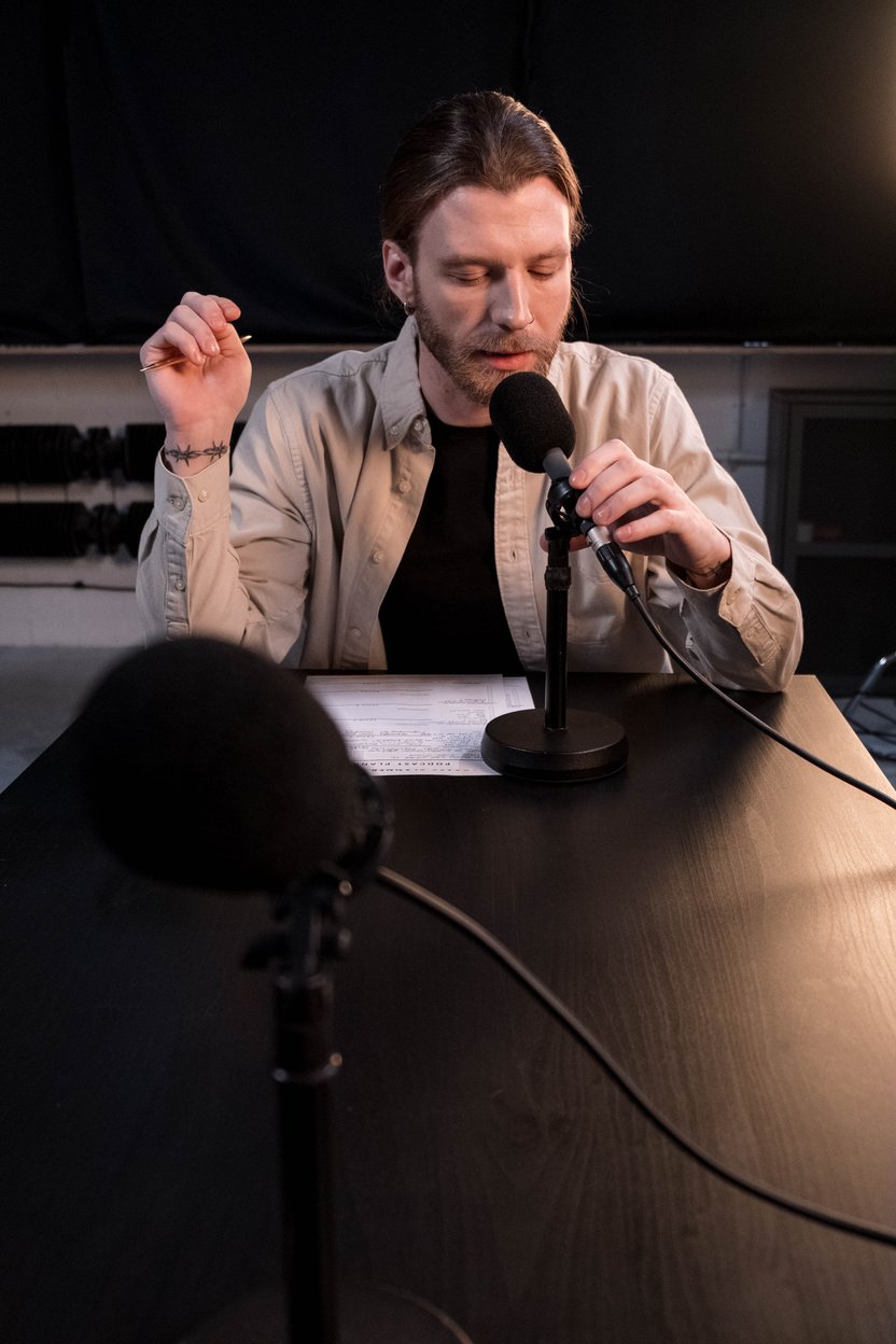 Man in Beige Shirt Holding a Microphone